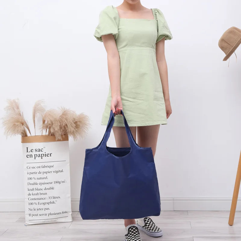 BIG Eco-Friendly Folding Shopping Bag Reusable Portable Shoulder Handbag for Travel Grocery simple solid color grocery bag Quick Pick Grocers