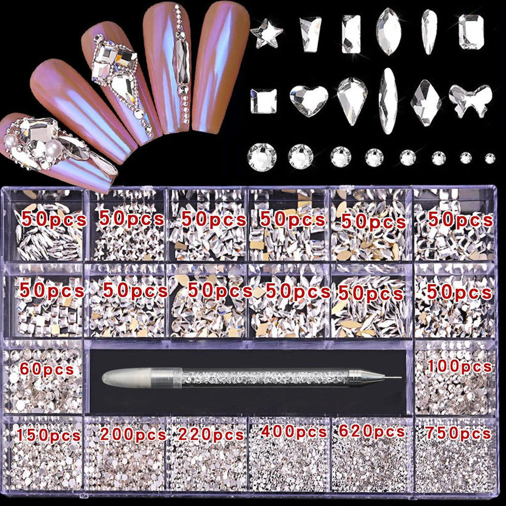 21 grid nail art diamond flat bottom glass diamond multi-style special-shaped diamond shiny nail rhinestone DIY nail art jewelry Econic Blanks