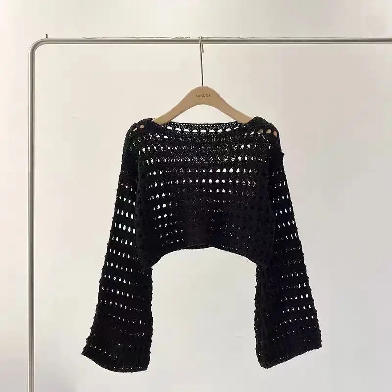 Long Sleeve Crochet Knit Top Summer Beach Bikini Cover Up Crop Pullover Wool Knitwear Blouse Women Vacation Boho Outfit Quick Pick Grocers