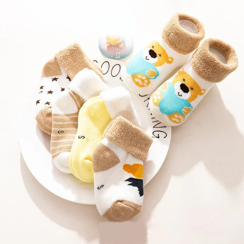 5 Pairs Autumn Winter Warm Strip Baby Sock Cute Cartoon Dot Thick Infant Floor Sock Soft Star Pattern Newborn Toddler Sock Purest Peak