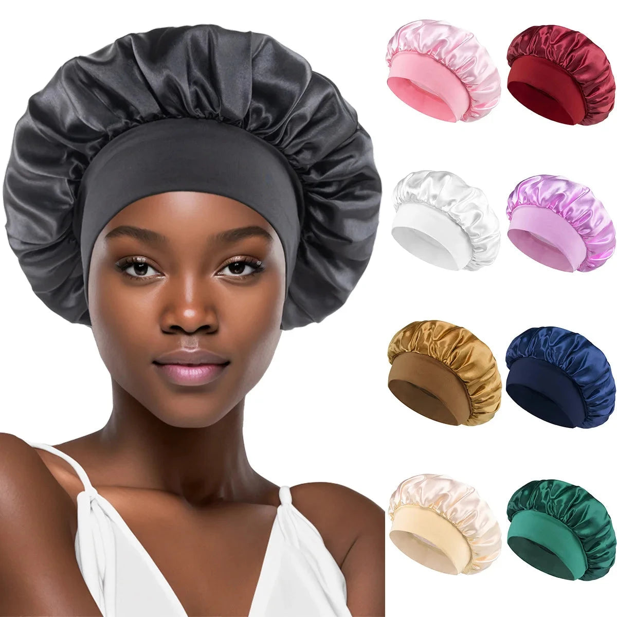 1PC Women's Satin Solid Bonnets Wide-brimmed Night Sleeping Bathing Hat Unisex Head Wrap Elastic Band Cap Hair Care Bonnet. Econic Blanks