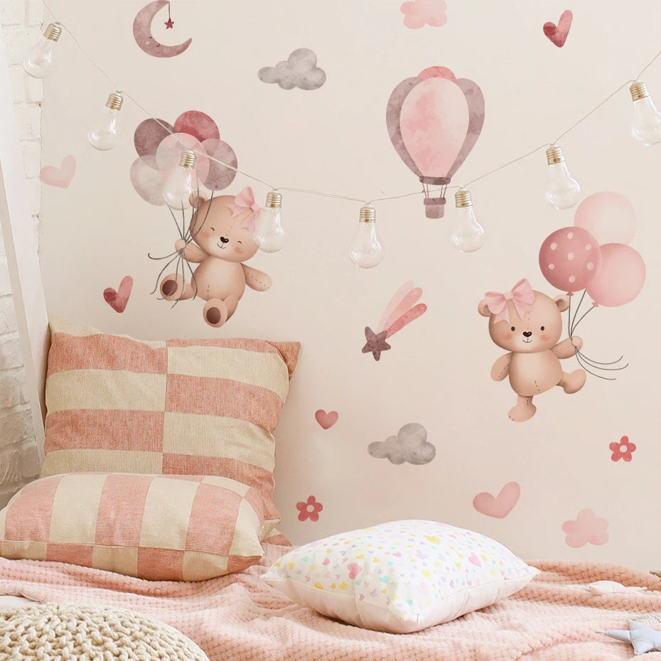 Pink Cartoon Bear Balloon Wall Stickers for Kids Room Decoration Baby Girls Baby Boys Room Wall Decals Kindergarten Nursery Room Quick Pick Grocers