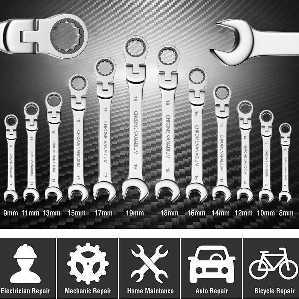 8pcs 72-Tooth Durable Ratchet Wrench Set Metric 8-19mm Multi-Function for Garage Home DIY Repair Maintenance Ideal Party Gift Quick Pick Grocers