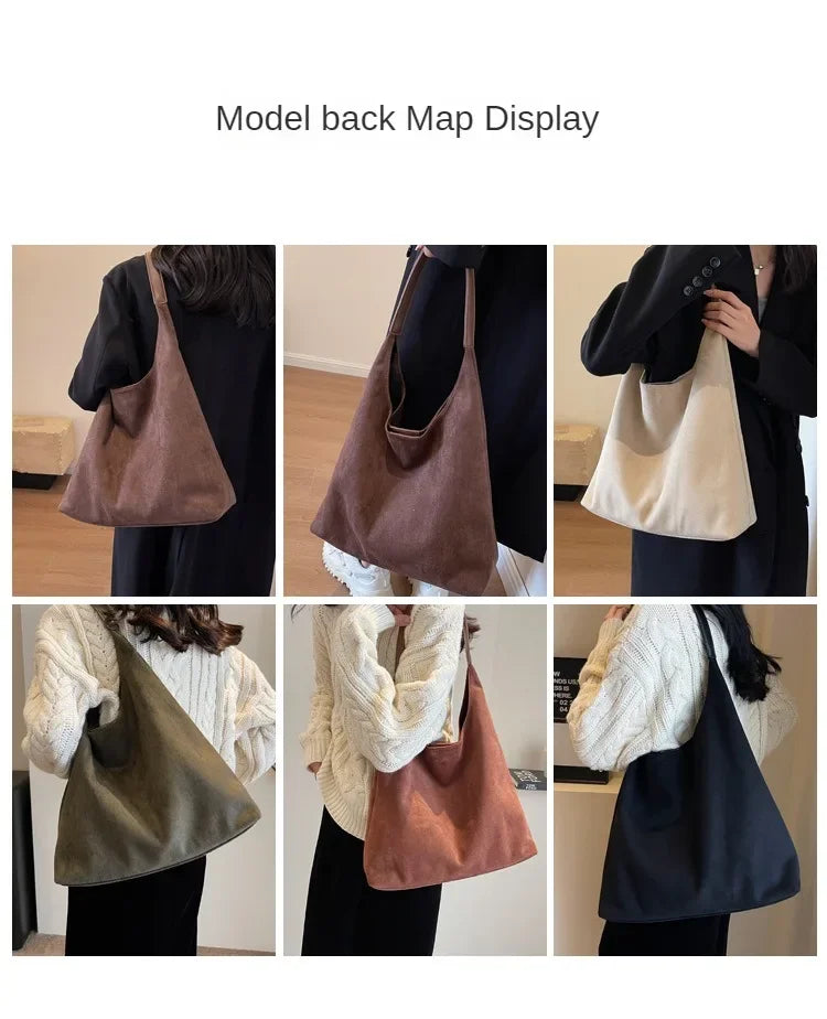 Autumn and Winter Vintage Women's Bag Large Capacity Suede Shoulder Bag Solid Color Simple Casual Commuter Bag Retro Handbags Quick Pick Grocers