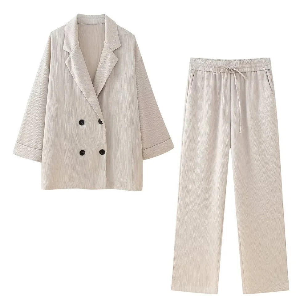 European and American Style 2024 Spring and Summer New Women's Clothing Wrinkle Effect Double Breasted Suit Jacket Pants Set Quick Pick Grocers