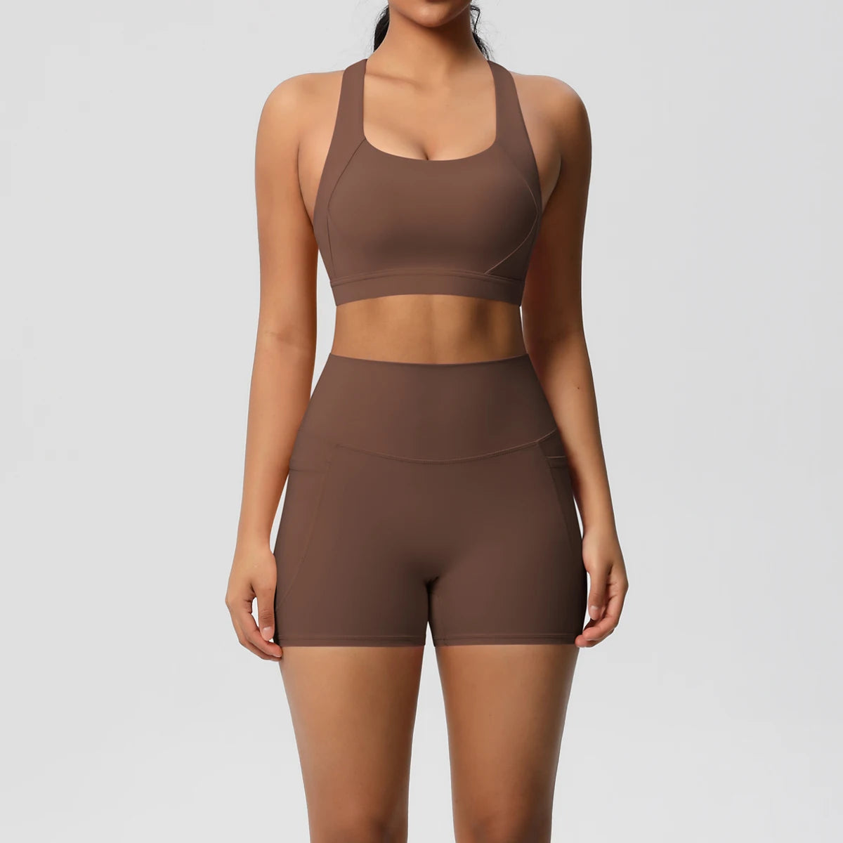 2PCS Sportswear With Pocketed Yoga Set Gym Clothes Yoga Suits For Women Tracksuits Sports Shorts Crossover Bra Gym Leggings Quick Pick Grocers