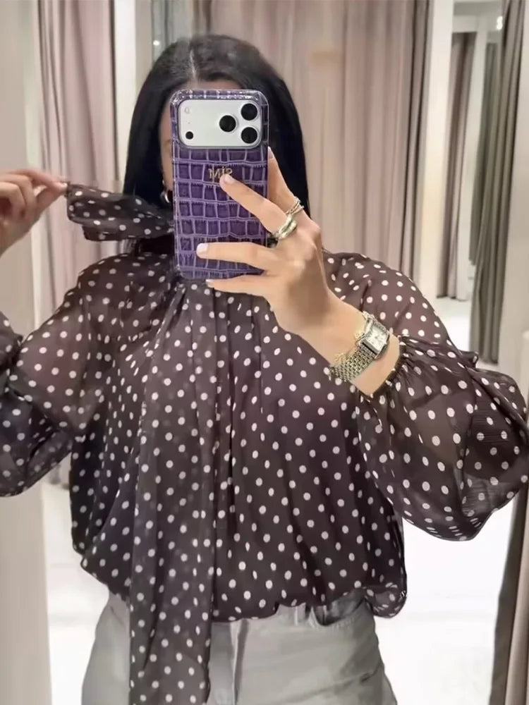 Women Polka Dot Print Blouse Casual High Collar Long Sleeve Lady Top Simple Women's Blouse Female Shirts & Blouses Quick Pick Grocers
