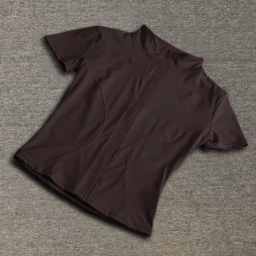 Summer High Quality Waist Slimming Training Tops Women's Quick-drying Tight Stand Collar Full Zipper Short Sleeves Yoga shirts Quick Pick Grocers