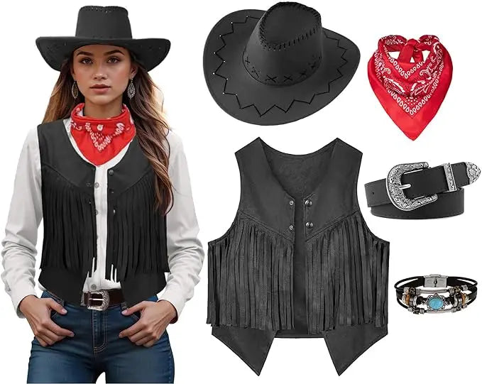 Women Men Cowgirl Costume Western Vest Hat Belt Bandana Set for Cowboy Tassels Fringe Vest Halloween Outfits Wild West Cosplay Quick Pick Grocers