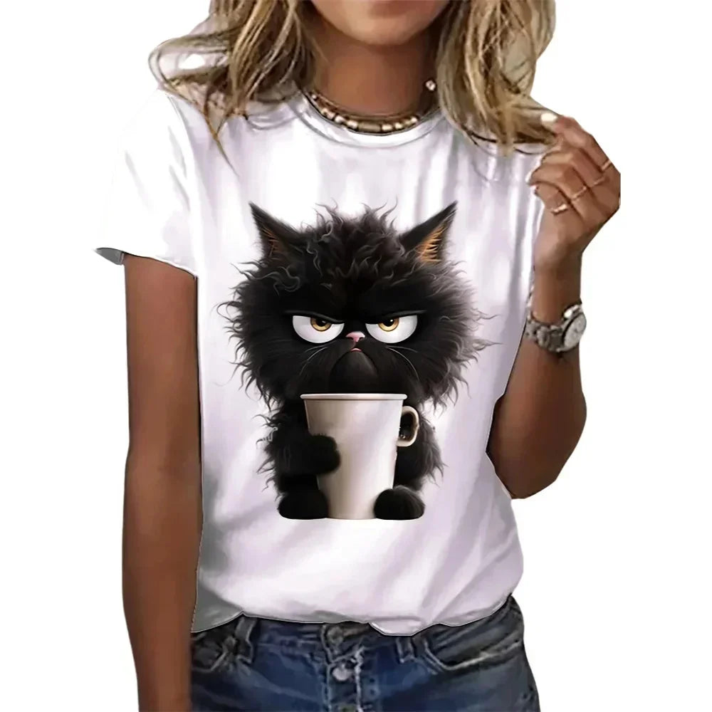Funny Cat Women Summer White Print T-shirt Girl Casual Short Sleeve O Neck Top For Summer Female Animal Clothing Econic Blanks