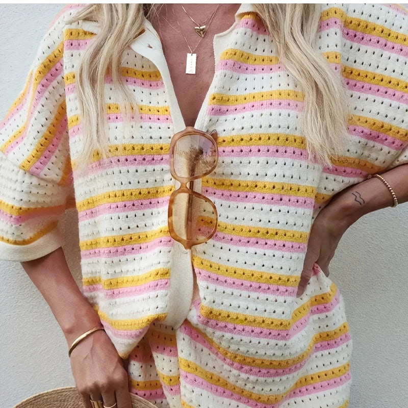 2025 Summer Women'S Hollow Striped Knitted 2 Pieces Set Short Sleeve Flip Collar Cardigan Single Breasted Casual Shorts Suits Quick Pick Grocers