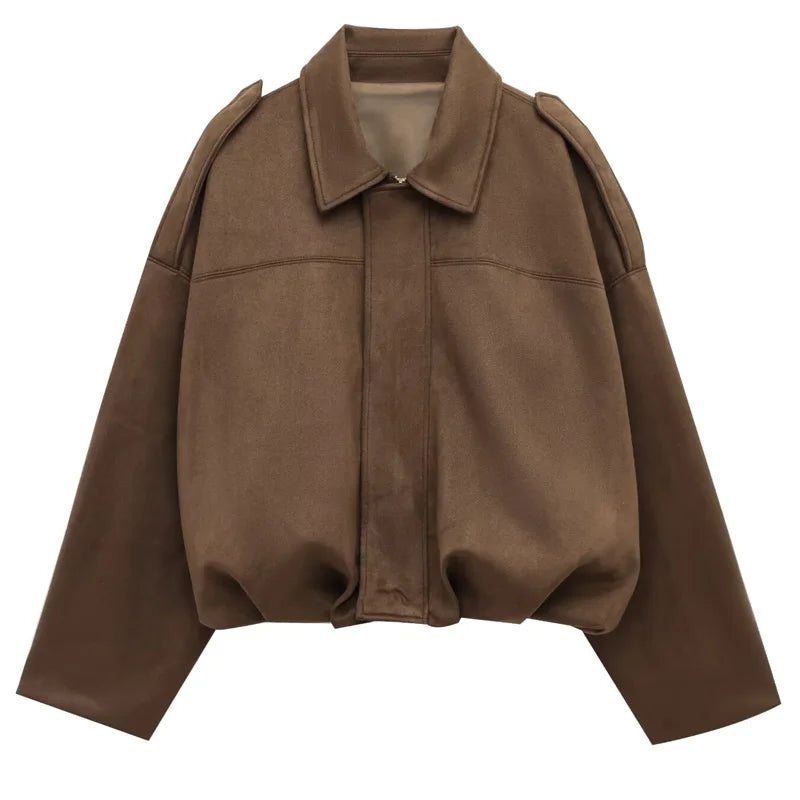 HXAO Women's Bomber Jacket Lapel Long Sleeve Zipper Suede Jacket Women 2025 High Street Cropped Racing Jackets Coats Outerwears Econic Blanks