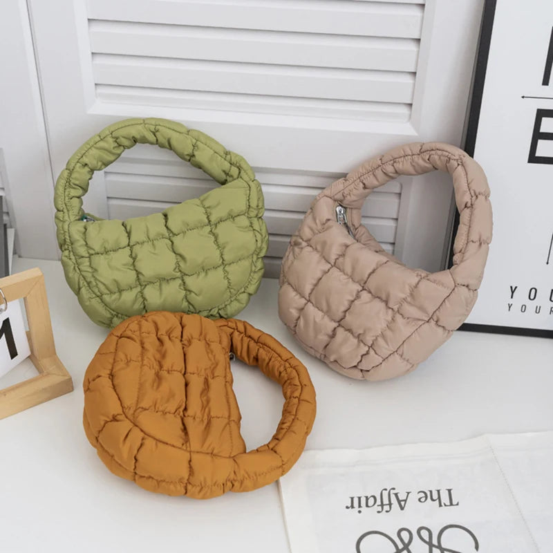 Fashion Mini Puffer Tote Bag Quilted Circle Phone Purse Elegant Purple Soft Nylon Padded Key Pouch Simple Trend Handbag Econic Blanks