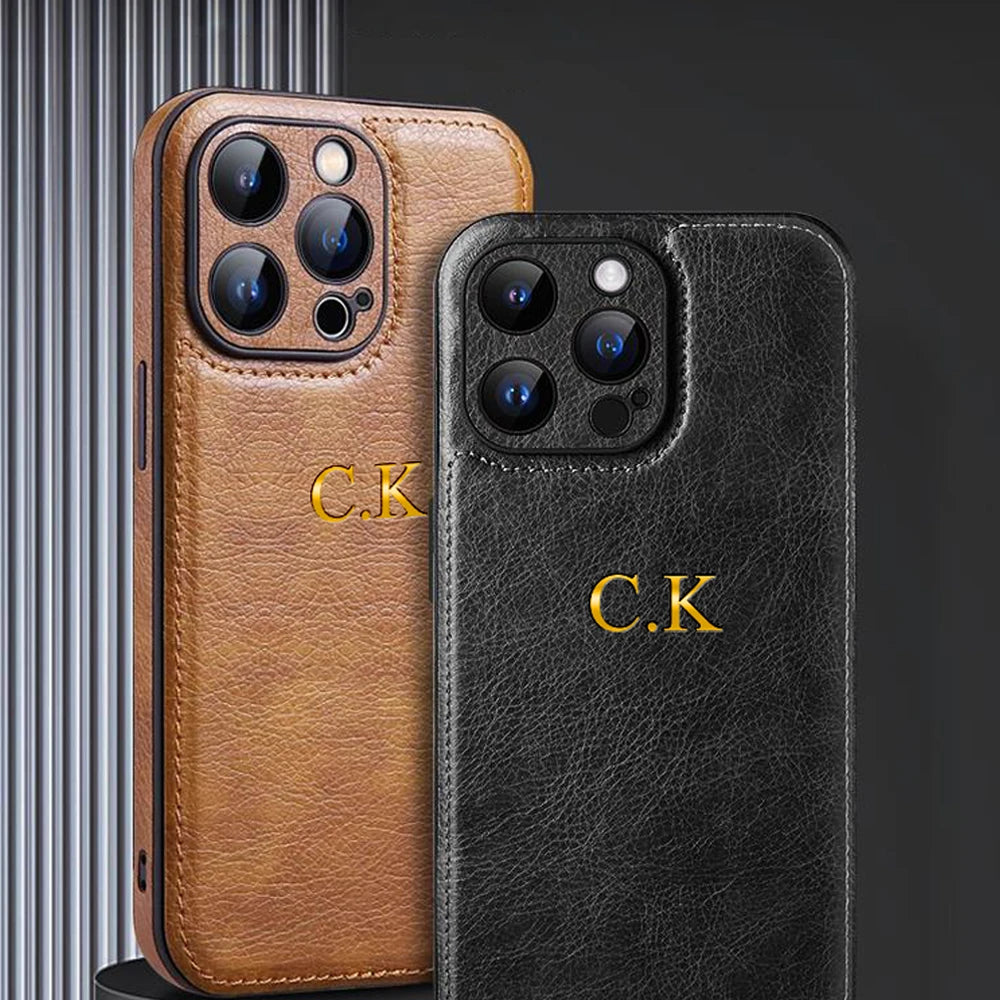 Personalized Name Classic Leather Case For iPhone 17 16 15 14 13 12 11 Pro Max 17 Air Luxury Customized Initials Engraved Cover Quick Pick Grocers