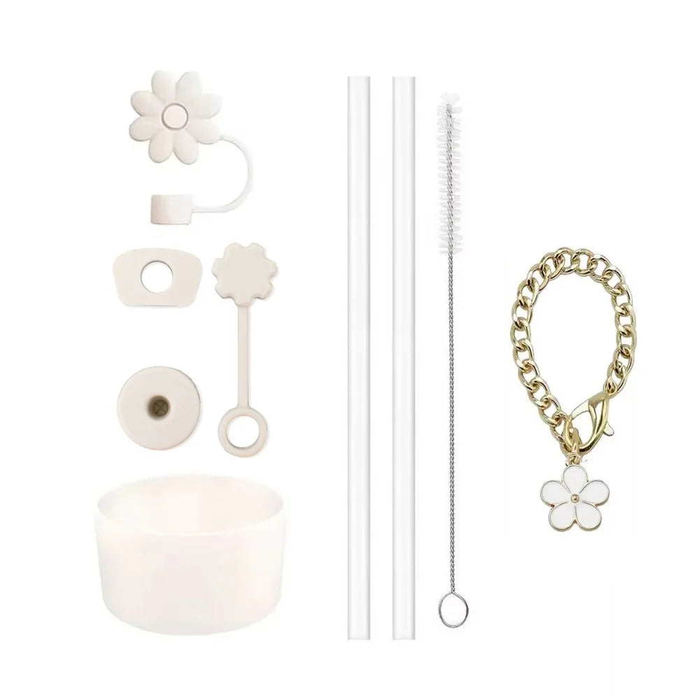 Cup Accessories for Stanley Cup Set of 9 Straw and Brush and 1 Flower Charm Chain 3 Spill Proof Stopper Flowers Straw Cover Boot Quick Pick Grocers