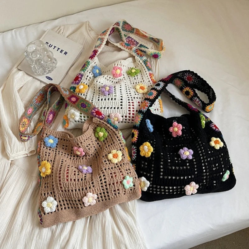 Women's Boho Crochet Bag Designer Flowers Knitted Handbags Large Capacity Summer Beach Woven Shoulder Bag Girls Tote Shopper Bag Quick Pick Grocers