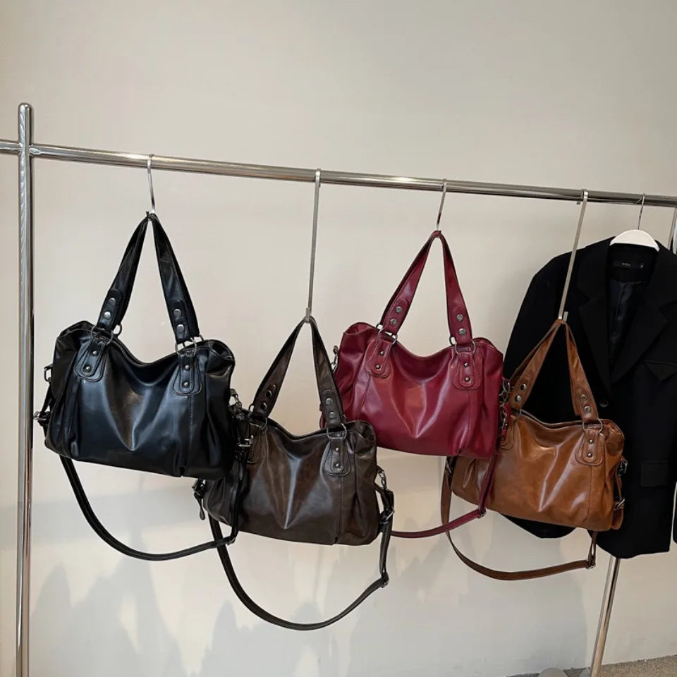 Retro Brand Roomy Shoulder Bag Female Luxury Solid Color Classic Crossbody Bag Large Capacity Style Soft PU Leather Tote Bag Quick Pick Grocers