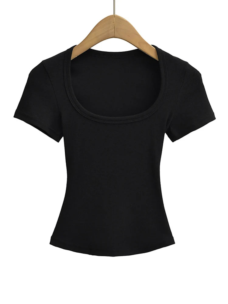 Women's Slim Fit Square Collar Crop Top High Stretch Short Sleeve Pullover Sexy Summer Blouse T-shirt for Bottoming Quick Pick Grocers