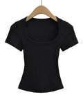 Women's Slim Fit Square Collar Crop Top High Stretch Short Sleeve Pullover Sexy Summer Blouse T-shirt for Bottoming Quick Pick Grocers