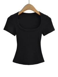 Women's Slim Fit Square Collar Crop Top High Stretch Short Sleeve Pullover Sexy Summer Blouse T-shirt for Bottoming Quick Pick Grocers