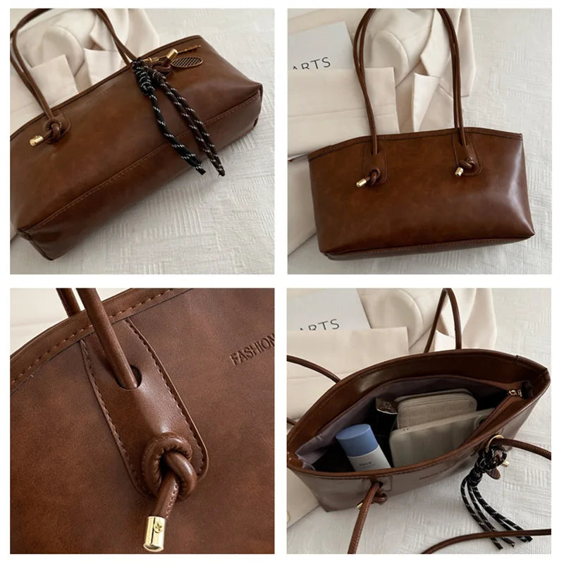 European American Retro Tote Bag, Korean Fashion Shoulder Bags Advanced Simple Handbag New Large Capacity Pendant Versatile Bags Quick Pick Grocers