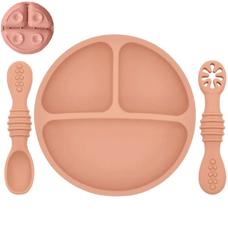 Silicone Baby Sucker Silicone Dining Plate Rice Spoon Set Cute Cartoon Children Dishes Smile Face Baby Tableware Retro Kid Bowl Purest Peak