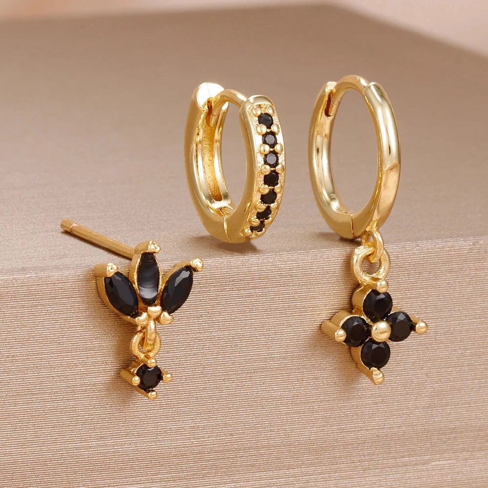 3PCS Fashion Orange Blue Zircon Hanging Earrings Set for Women Stainless Steel Flower Dangle Earring Piercing Jewelry Econic Blanks