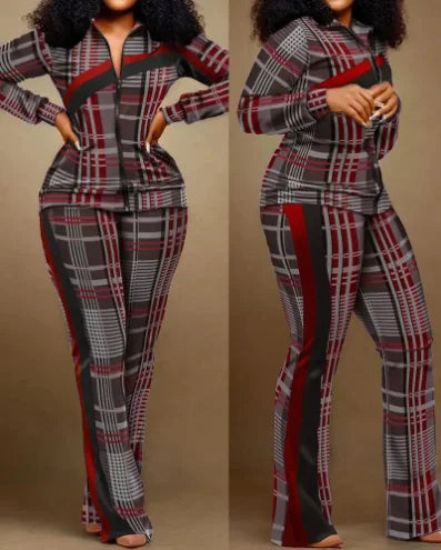 Two Piece Set Women Outfit 2023 Autumn Fashion Geometric Print Stand Collar Long Sleeve Zip Up Top & Casual Sporty Pants Set Quick Pick Grocers
