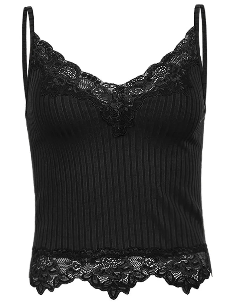 Gothic Basic Bodycon Women Camis Grunge Punk Black Casual Lace Trim Crop Tops Ribbed Backless Alt Clothes Summer Quick Pick Grocers