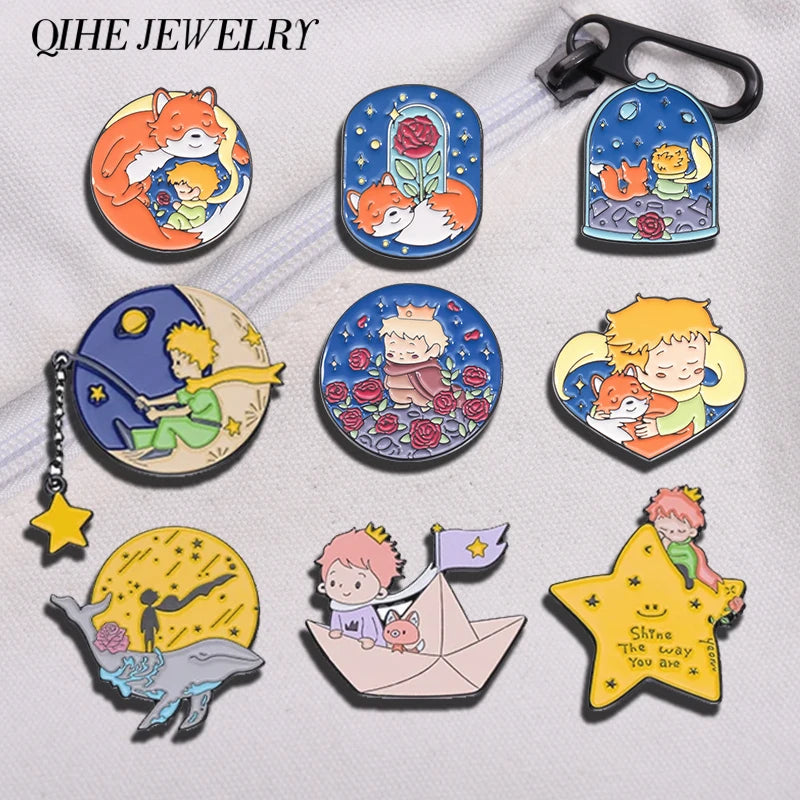 Cartoon Boy Fox Rose Enamel Pins Moon Star Whale Paper Boat Brooch Lapel Hat Bag Badge Jewelry Accessories Gift for Kids Friends Quick Pick Grocers