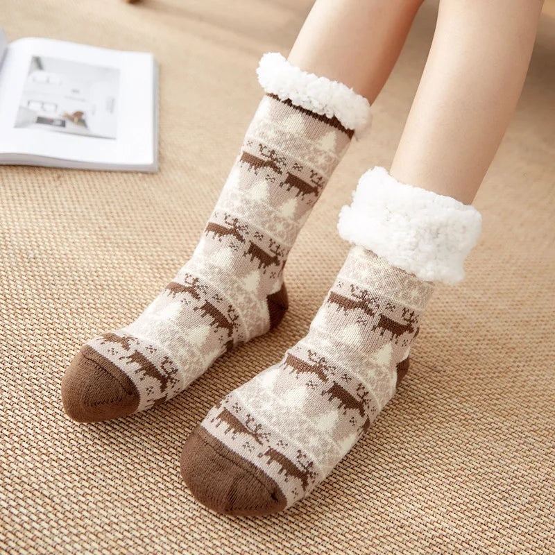Christmas Gift Slipper Socks Women Thermal Winter Warm Plush Non slip Grip Sleeping Floor Short Sock Fuzzy Fluffy Female Cartoon Quick Pick Grocers