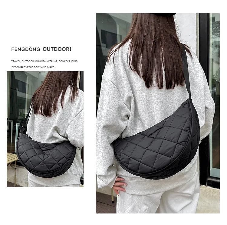 Waist Half Moon Belt Bag Solid Color Crossbody Bag Large Capacity Shoulder Bags Portable Nylon Plaid Travel Bags for Commuting Quick Pick Grocers
