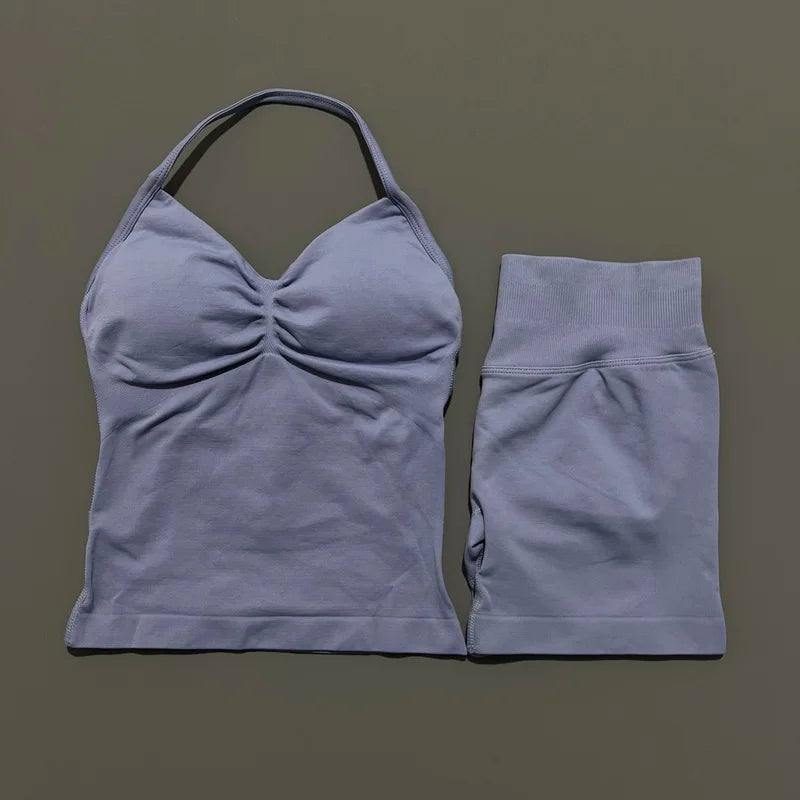 HISTELLO 2 Pieces Sports Set Women Yoga Longline Strap Top Scrunch Seamless Shorts Sport Gym Set Sportswear Workout Fitness Set Quick Pick Grocers