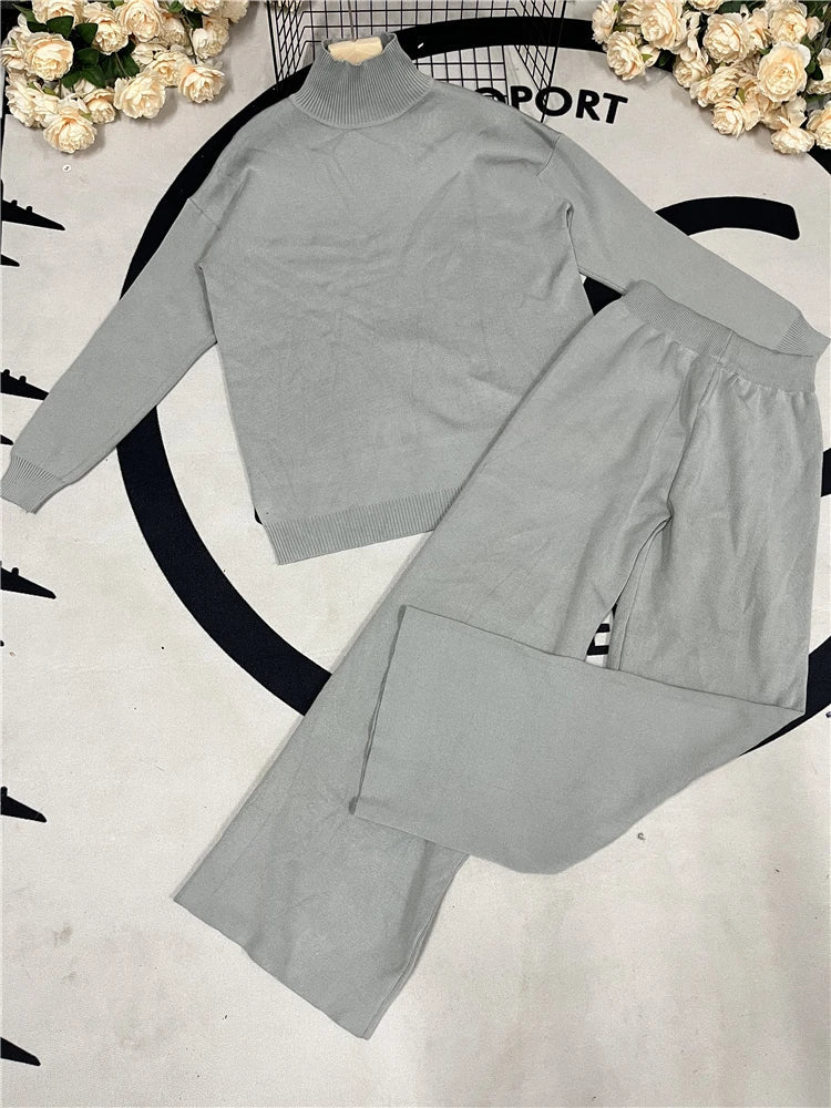 Autumn Winter 2 Pieces Women Sets Knitted Tracksuit Turtleneck Sweater and Straight Jogging Pants Suits Quick Pick Grocers
