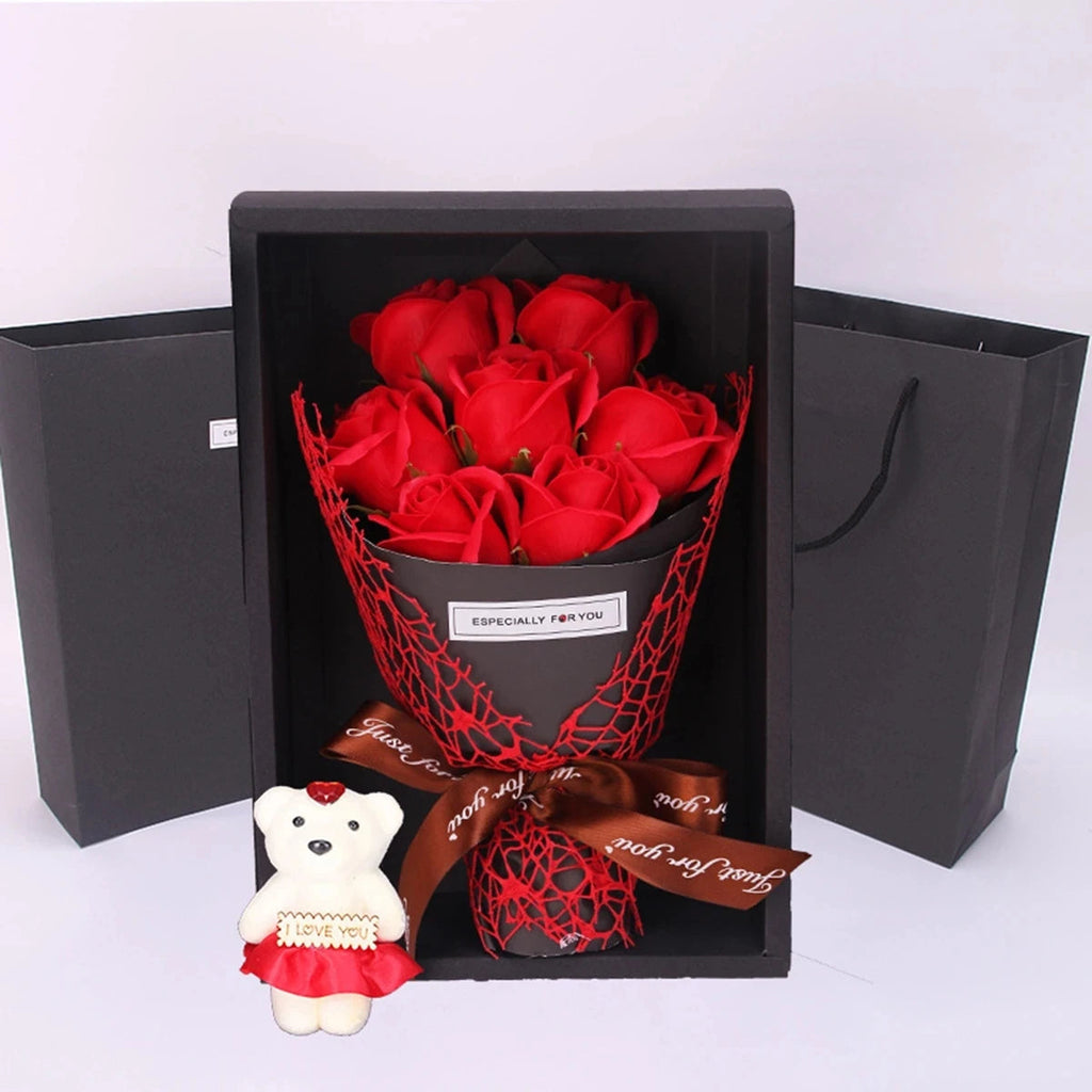 1Pc Handmade 7 Rose Soap Bouquet Little Bear Gift Box Creative Valentine's Day Mother's Day Birthday Party Rose Flower Gifts Quick Pick Grocers