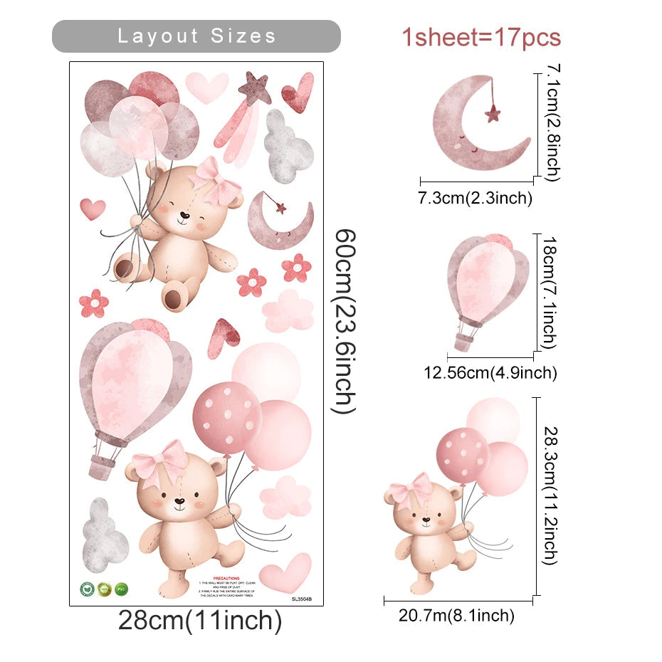 Pink Cartoon Bear Balloon Wall Stickers for Kids Room Decoration Baby Girls Baby Boys Room Wall Decals Kindergarten Nursery Room Quick Pick Grocers