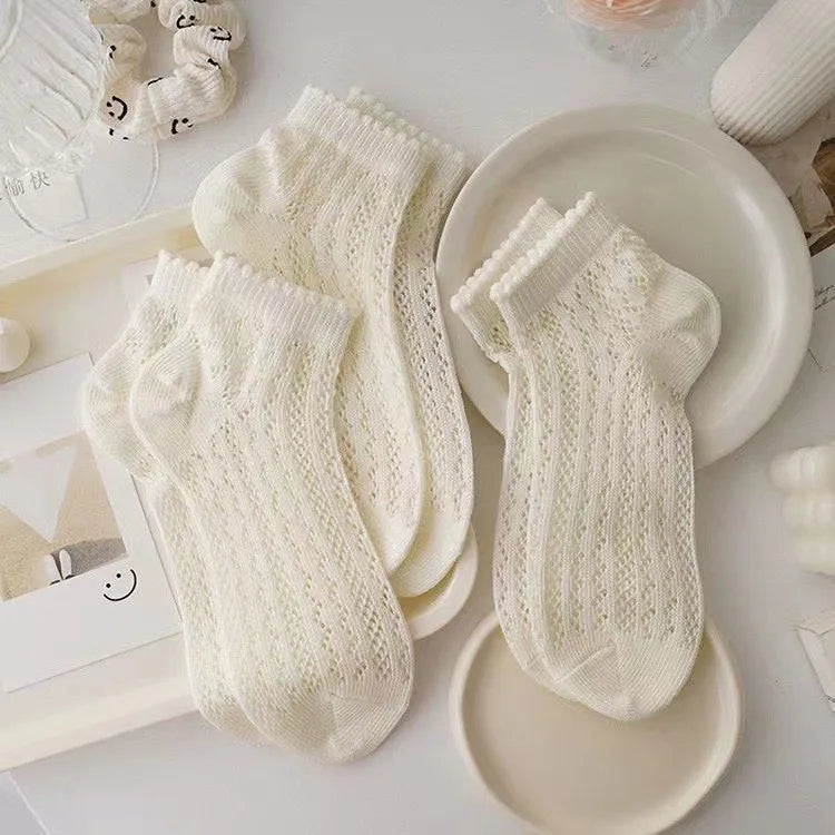 Fashionable Summer Soft Short Socks for Women Thin Mesh Sock Breathable Feature Sweet Hollow Out Design White Lace Ankle Socks Quick Pick Grocers