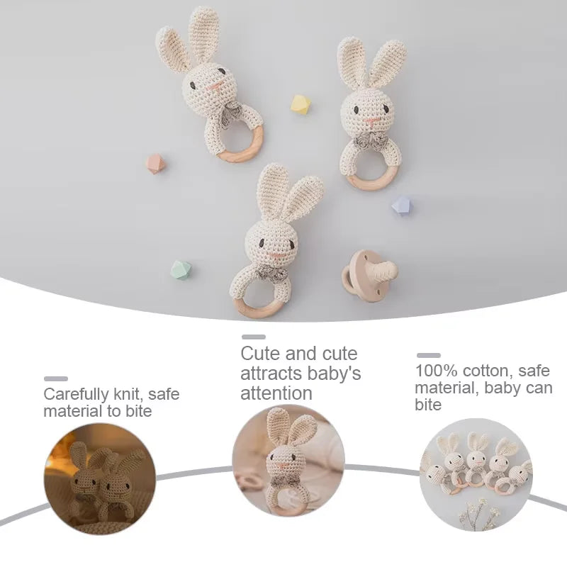 Baby Crochet Rattle Wooden Teether Toy BPA Free Wood Rodent Rabbit Rattle Baby Mobile Play Gym Newborn Educational Music Toys Purest Peak