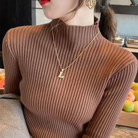 New Women's Elegant Solid Basic Knitted Tops Women Turtlneck Sweater Long Sleeve Casual Slim Pullover Fashion Simple Chic Tops Quick Pick Grocers