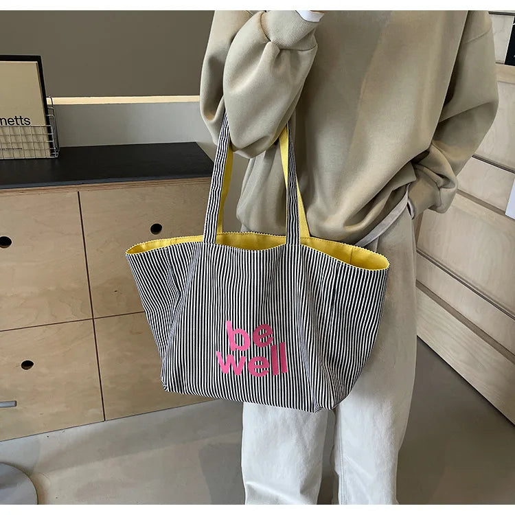 Casual Large Stripe Women's Shoulder Bag 2025 New Fashion Commuter Tote Bag High Capaci Canvas Handbag for Youth bolso mujer Quick Pick Grocers