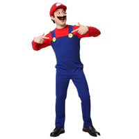 Mens Halloween Plumber Costume with Fake Beard Hat Gloves Adult Cosplay Jumpsuit Party Outfit Red, Yellow, Purple Plumber Quick Pick Grocers