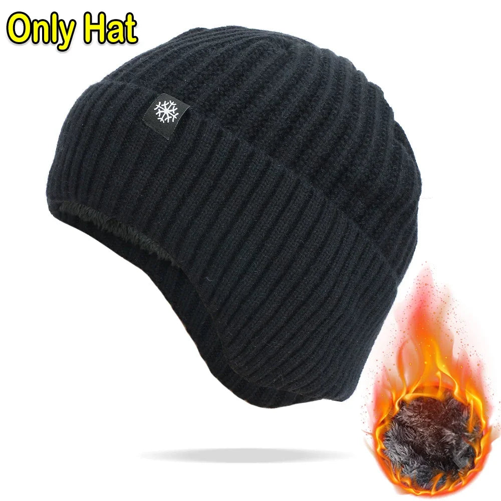 Outdoor Men Winter Knitted Hat Plush Warmth Peaked Cap Earmuff Casual Fashion Faux Fur Lined Bomber Hats Cycling Ear Protection Purest Peak