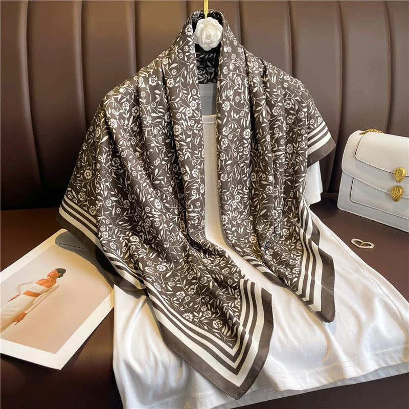 90*90Cm Square Scarf Twill Silk Feeling Women Head Shawls and Wraps Luxury Hair Tree Print Neck Scarves Hijab Bandana Pashmina Quick Pick Grocers