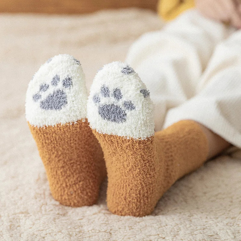 Women Winter Warm Fluffy Socks Cute Animal Claw Cat Paw Footprint Fuzzy Socks Female Thick Coral Fleece Home Floor Sleep Socks Purest Peak