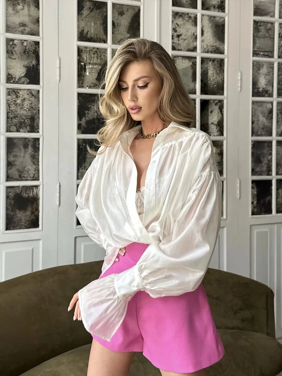 Bornladies Autumn Women's Fashionable Loose Collared Shirt Office Lady Solid Color Versatile Flare sleeve Top Long Sleeved Shirt Econic Blanks
