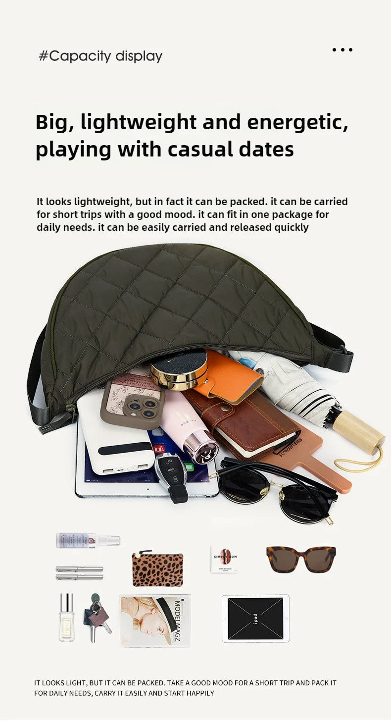 Waist Half Moon Belt Bag Solid Color Crossbody Bag Large Capacity Shoulder Bags Portable Nylon Plaid Travel Bags for Commuting Quick Pick Grocers