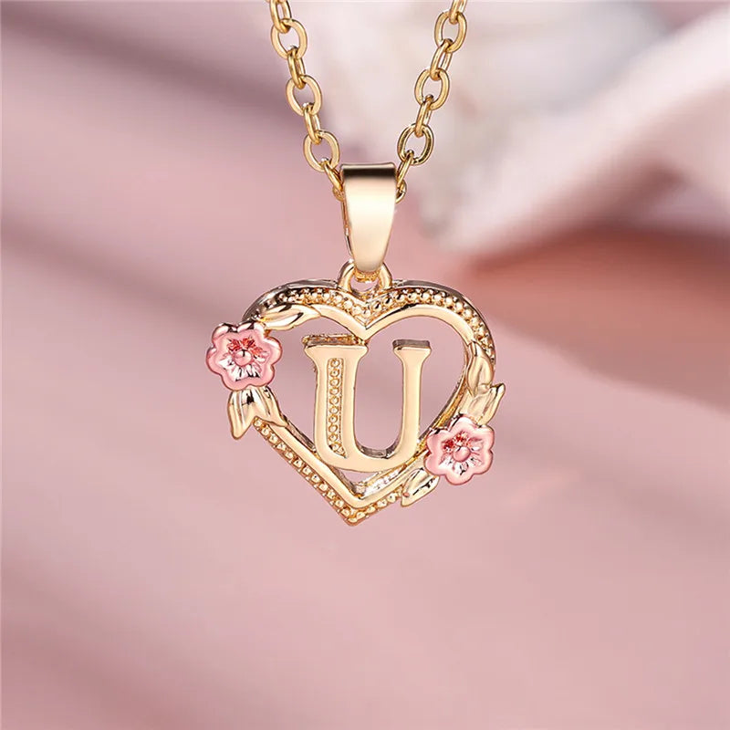 Female A-Z Letter Flower Pendant Necklace Yellow Gold Color Wedding Jewelry Gift For Women Quick Pick Grocers