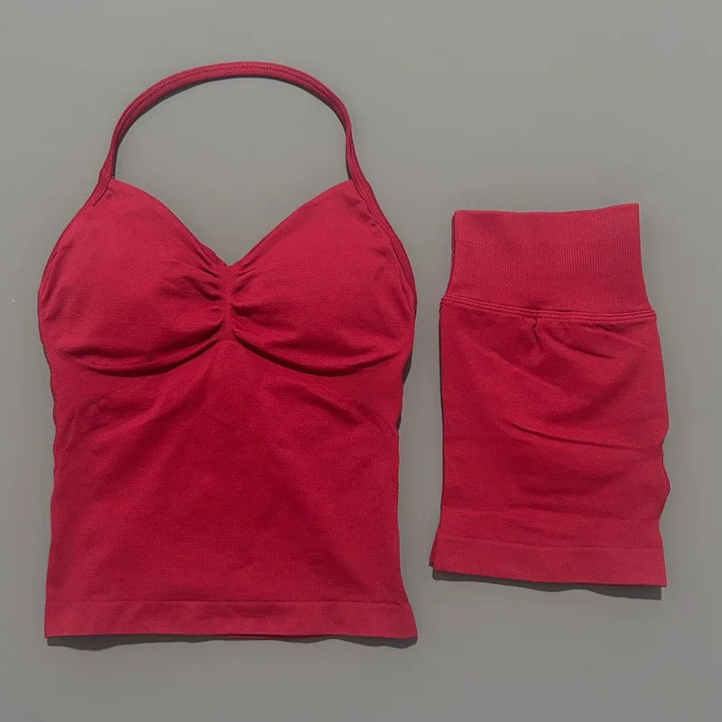 HISTELLO 2 Pieces Sports Set Women Yoga Longline Strap Top Scrunch Seamless Shorts Sport Gym Set Sportswear Workout Fitness Set Quick Pick Grocers
