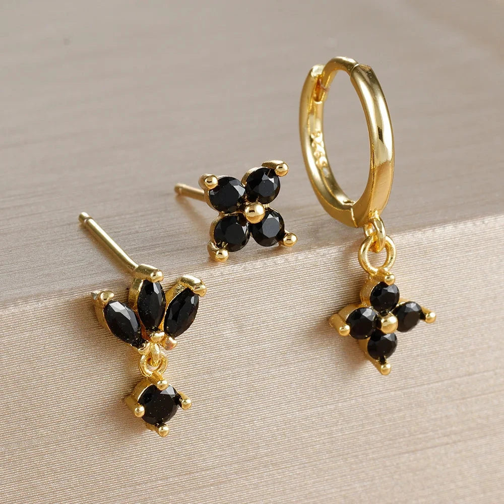 3PCS Fashion Orange Blue Zircon Hanging Earrings Set for Women Stainless Steel Flower Dangle Earring Piercing Jewelry Econic Blanks