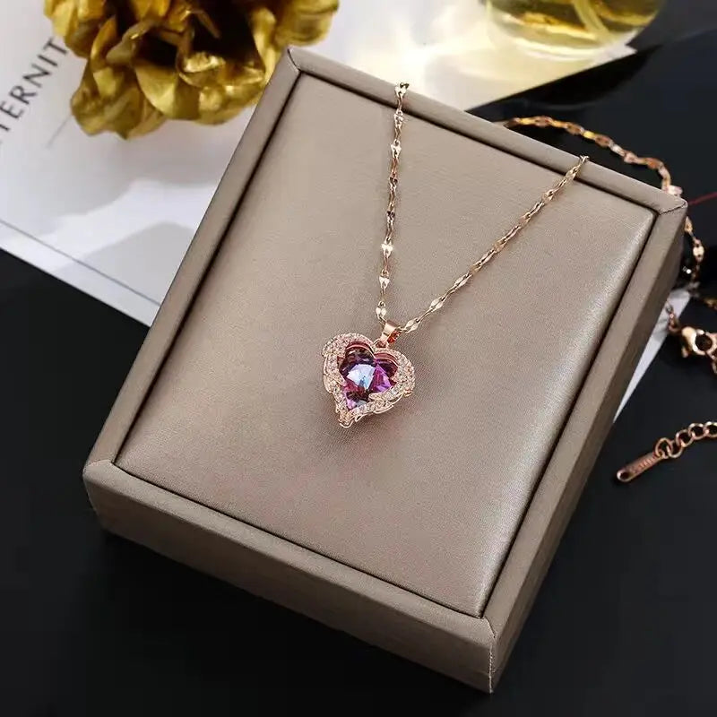 Top Luxury Colorful Crystal Ocean Heart Pendant Necklace For Women Trendy 316L Stainless Steel Jewelry Female Wedding Neck Chain Quick Pick Grocers